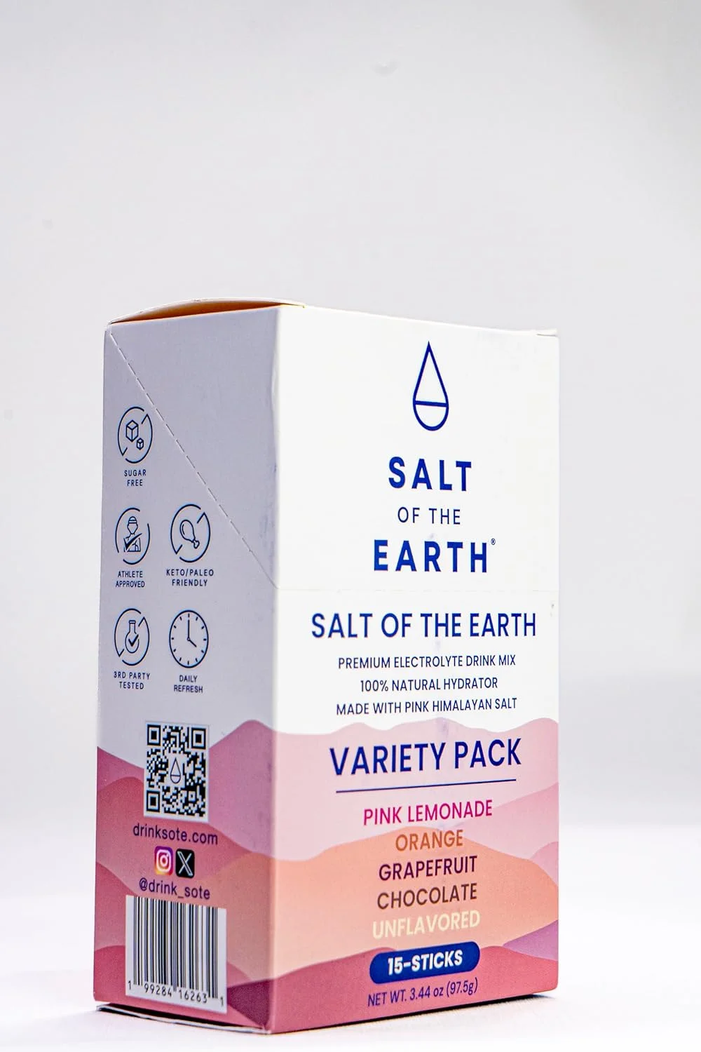 الکترولیت ممتاز بدون قند Salt of the Earth – تهیه شده با نمک صورتی هیمالیا – بسته های پودر آبرسان | بسته نمونه طعم های متنوع | مناسب برای کتو و پالئو | 3 عدد از هر طعم، 15 عدد در مجموع