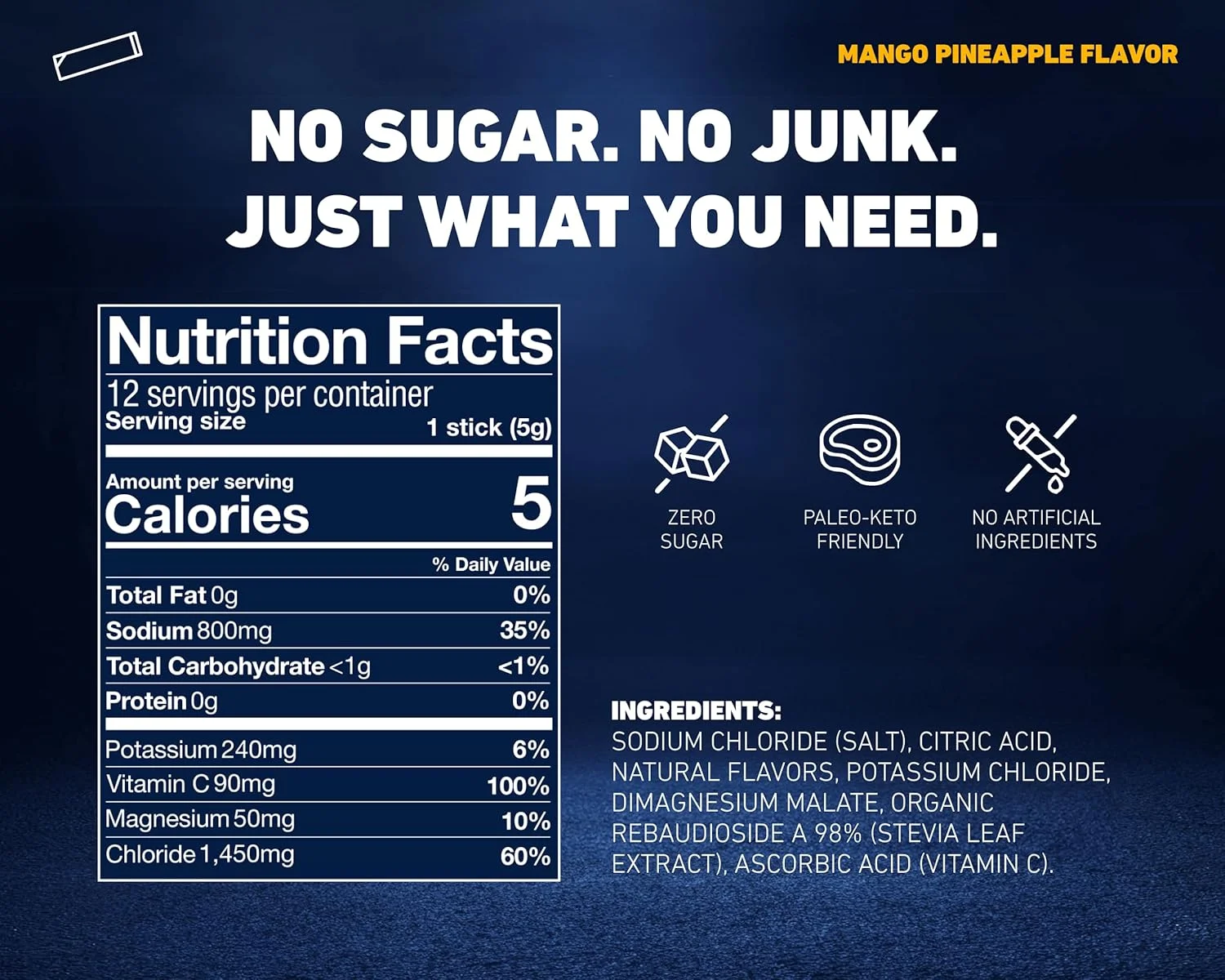 الکترولیت آناناس انبه | سدیم 800 میلی گرم | پودر الکترولیت شیرین شده با استویا و بدون شکر | آبرسانی برای ریکاوری عرق، روزه داری، POTS | 12 بسته (32 Fl Oz)