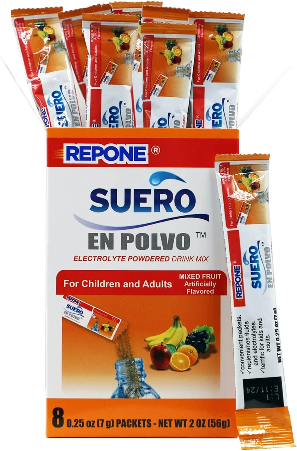 محلول پودری الکترولیت REPONE SUERO با طعم میوه، بسته های 227 گرمی، 1 جعبه شامل 8 بسته.