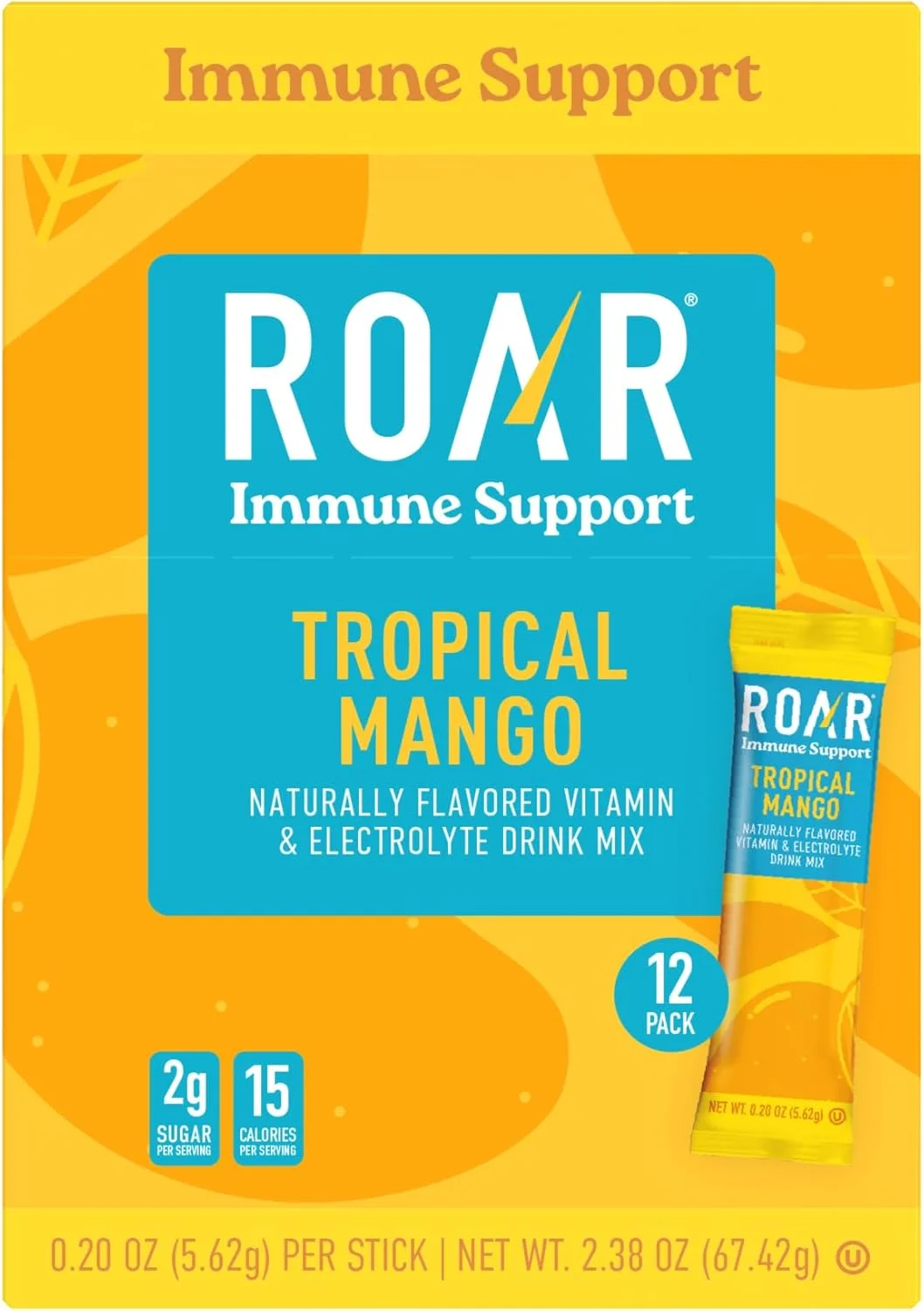 پودر تقویت سیستم ایمنی ROAR - بسته های هیدراتاسیون با زینک و اِلِدر بری - پودر الکترولیت - بدون GMO و گلوتن - انبه استوایی - 12 عدد