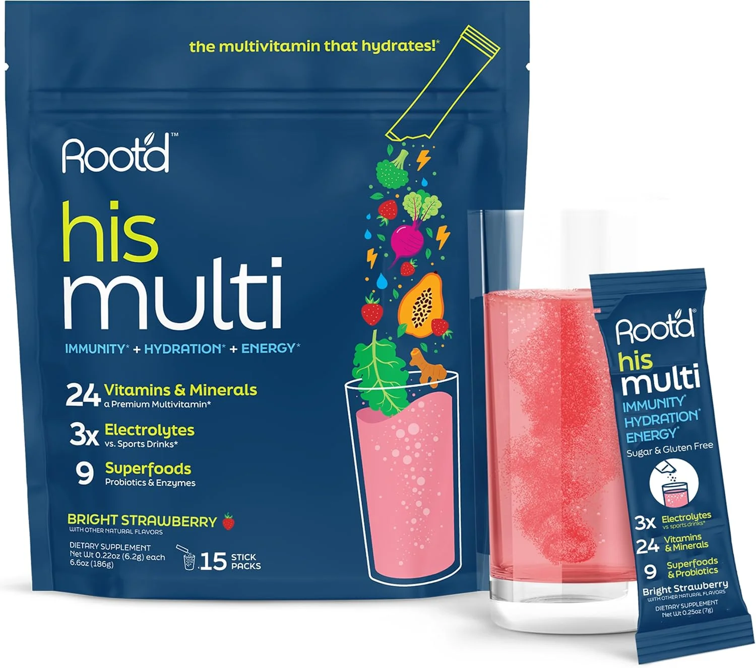 پودر مولتی ویتامین Root'd برای آقایان - 24 ویتامین و ماده معدنی با 3 برابر الکترولیت، 9 سوپرفود ارگانیک، پروبیوتیک ها و آنزیم ها، مولتی ویتامین بدون شکر و آبرسانی | 15 بسته میکس نوشیدنی ویتامین