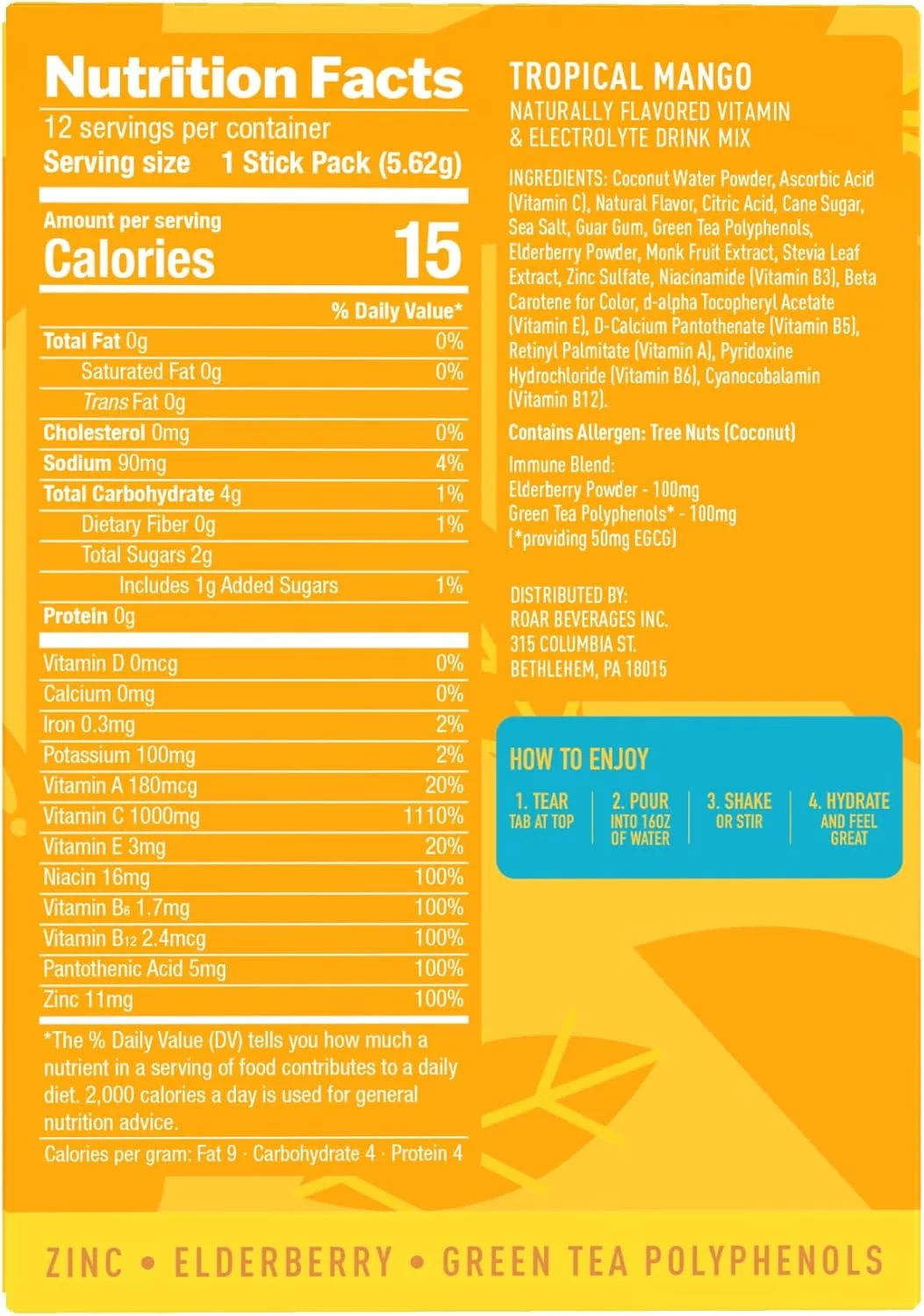 پودر تقویت سیستم ایمنی ROAR - بسته های هیدراتاسیون با زینک و اِلِدر بری - پودر الکترولیت - بدون GMO و گلوتن - انبه استوایی - 12 عدد