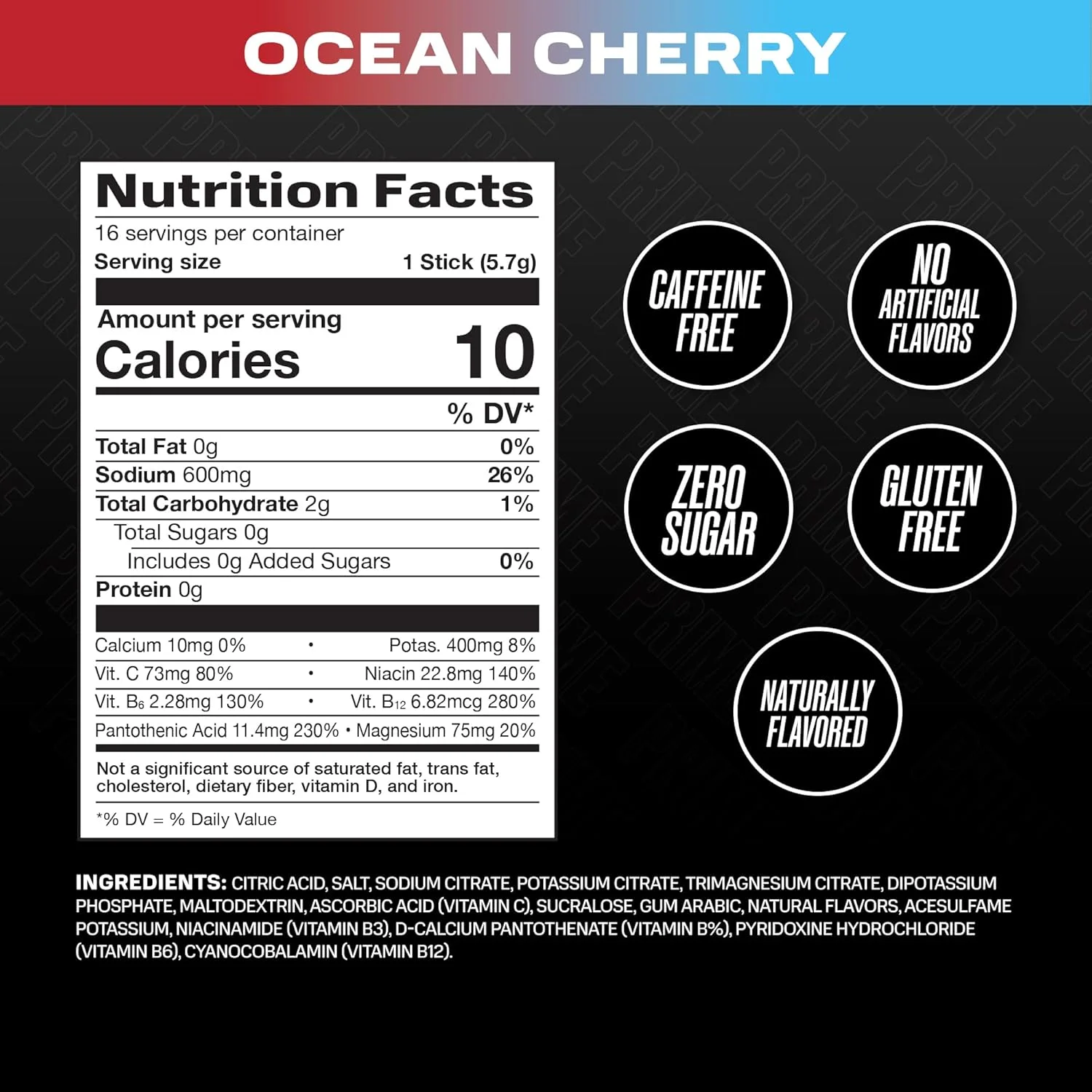 پودر الکترولیت برای آبرسانی سریع، طعم گیلاس اقیانوسی، نوشیدنی بدون قند حاوی سدیم، پتاسیم و ویتامین‌های B، بدون کافئین، 16 عدد