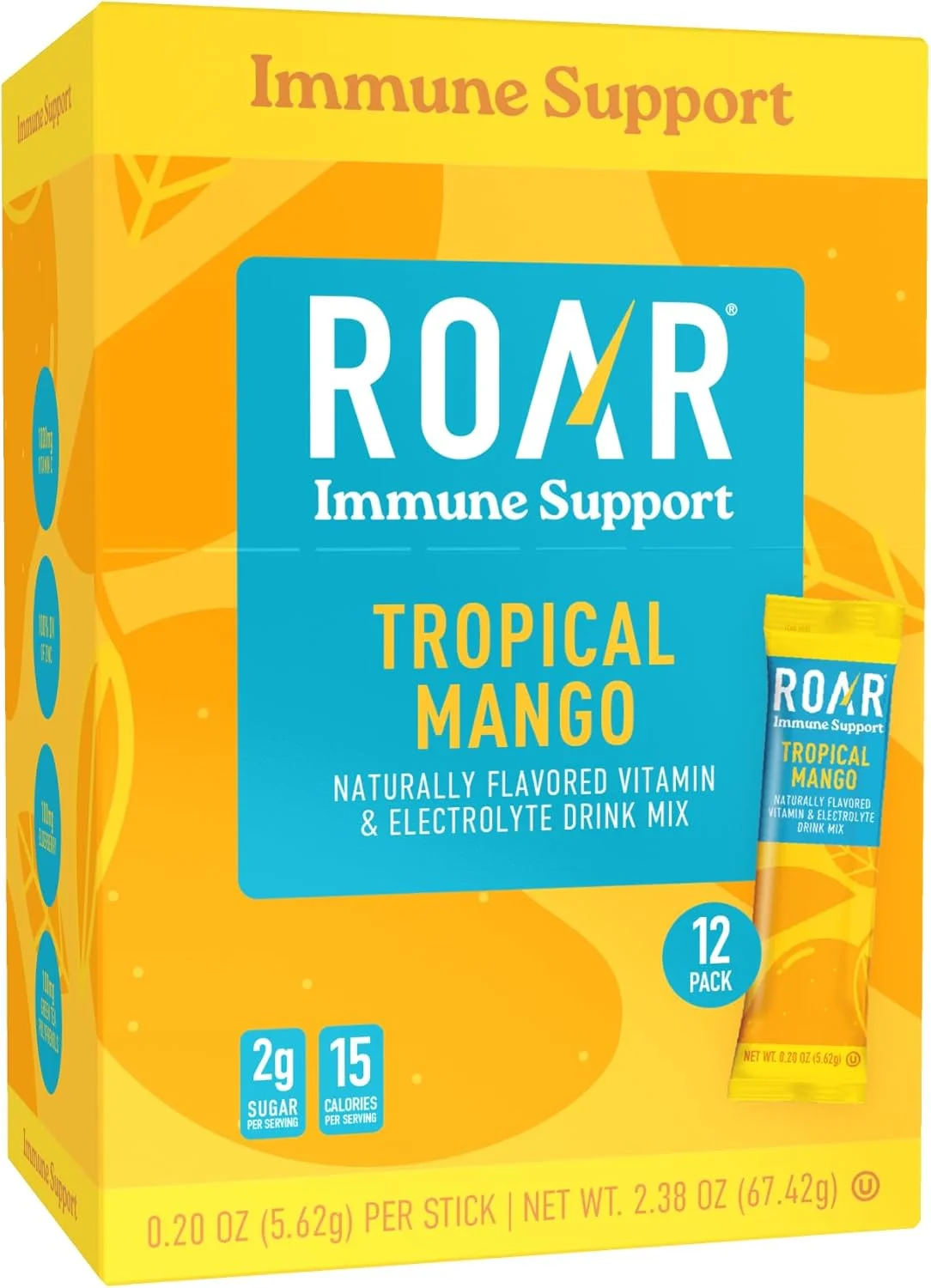 پودر تقویت سیستم ایمنی ROAR - بسته های هیدراتاسیون با زینک و اِلِدر بری - پودر الکترولیت - بدون GMO و گلوتن - انبه استوایی - 12 عدد