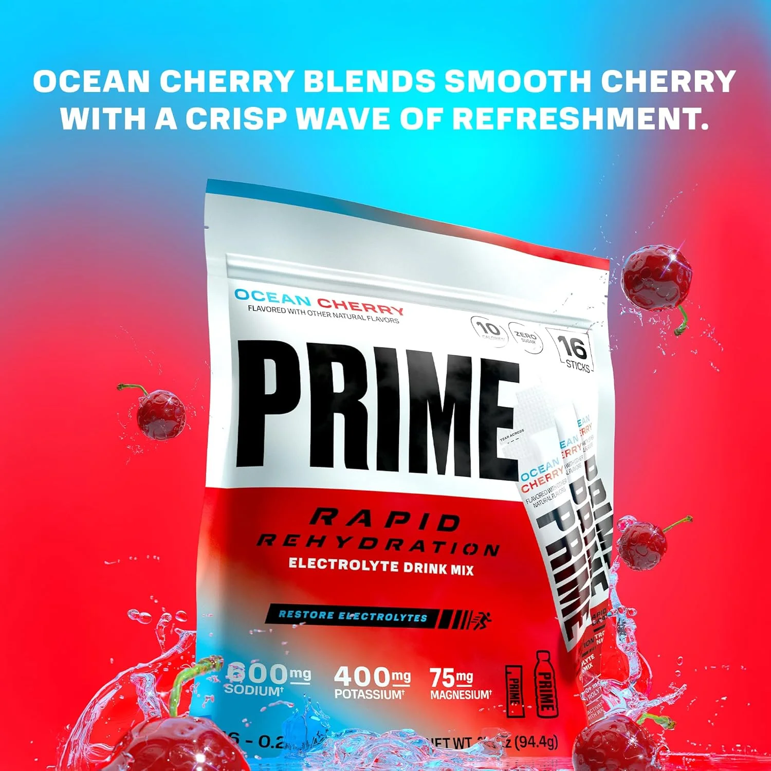 پودر الکترولیت برای آبرسانی سریع، طعم گیلاس اقیانوسی، نوشیدنی بدون قند حاوی سدیم، پتاسیم و ویتامین‌های B، بدون کافئین، 16 عدد