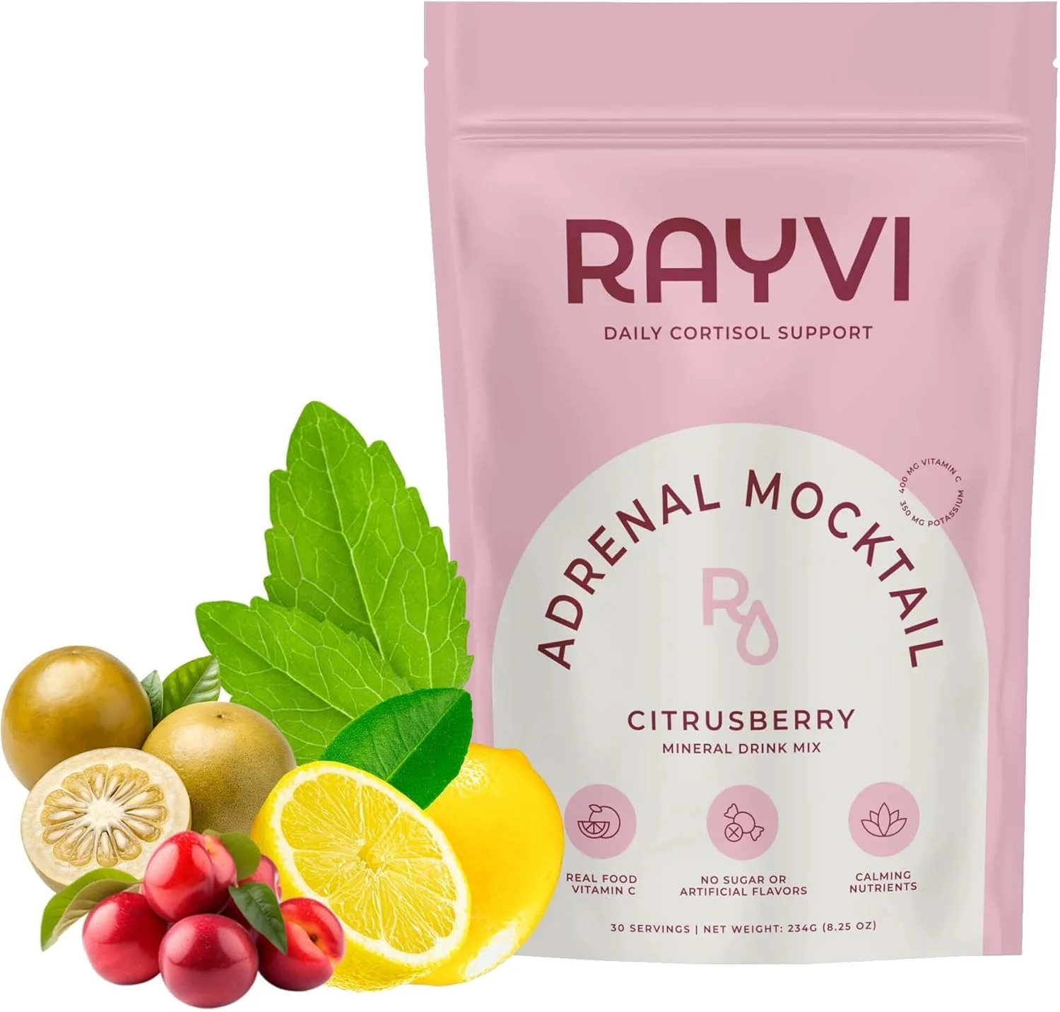 پودر الکترولیت موکتل آدرنال Rayvi (طعم مرکبات و بری) | مخلوط نوشیدنی الکترولیت بدون شکر برای انرژی و سلامتی | پودر ویتامین C آسرولا با منیزیم و مواد معدنی | بدون طعم دهنده های مصنوعی