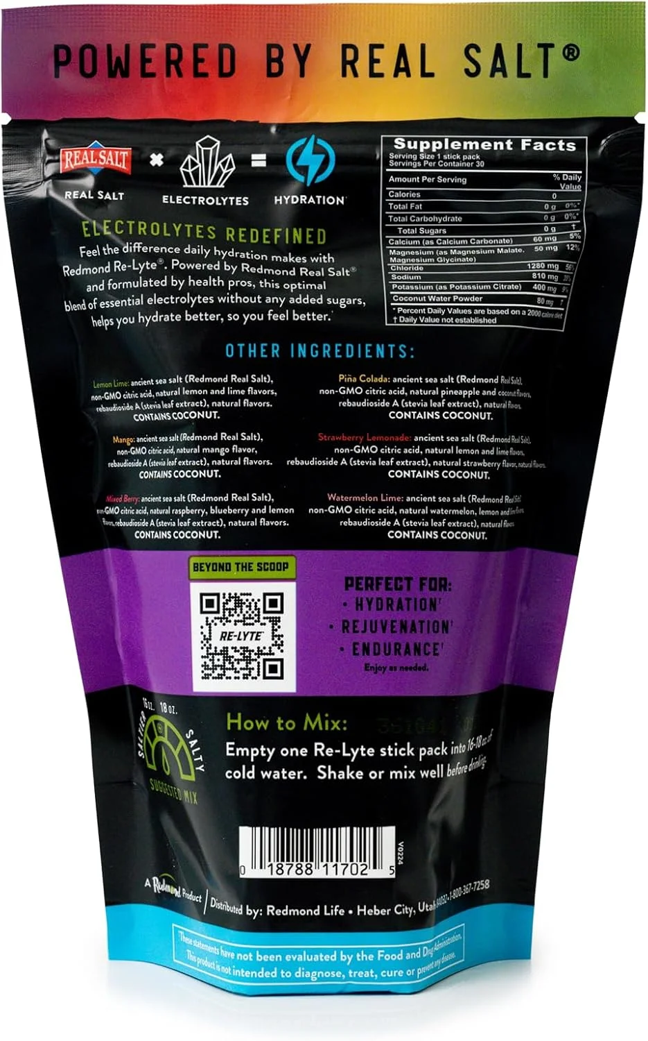 پودر مخلوط الکترولیت آبرسان رِدْموند Re-Lyte، بسته متنوع، 30 بسته چوبی
