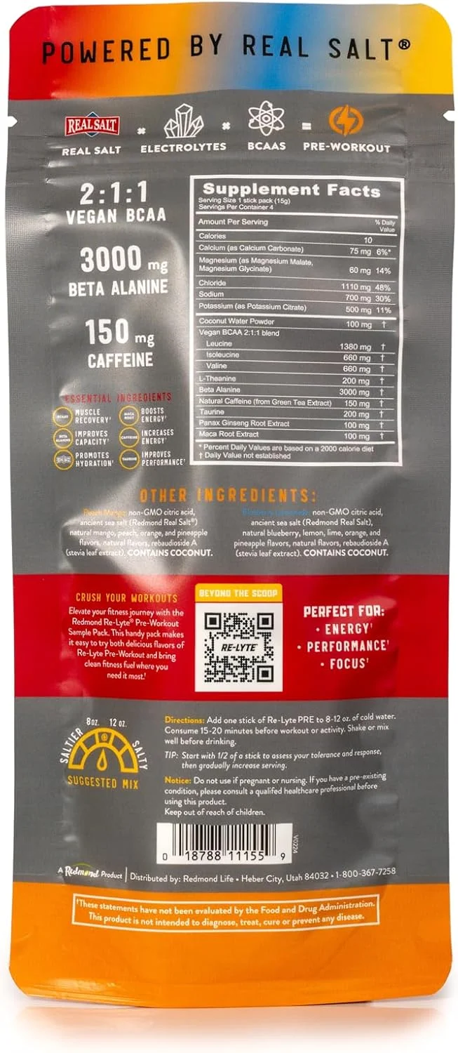 مخلوط نوشیدنی قبل از تمرین رِدْموند Re-Lyte، بسته نمونه، 4 عدد
