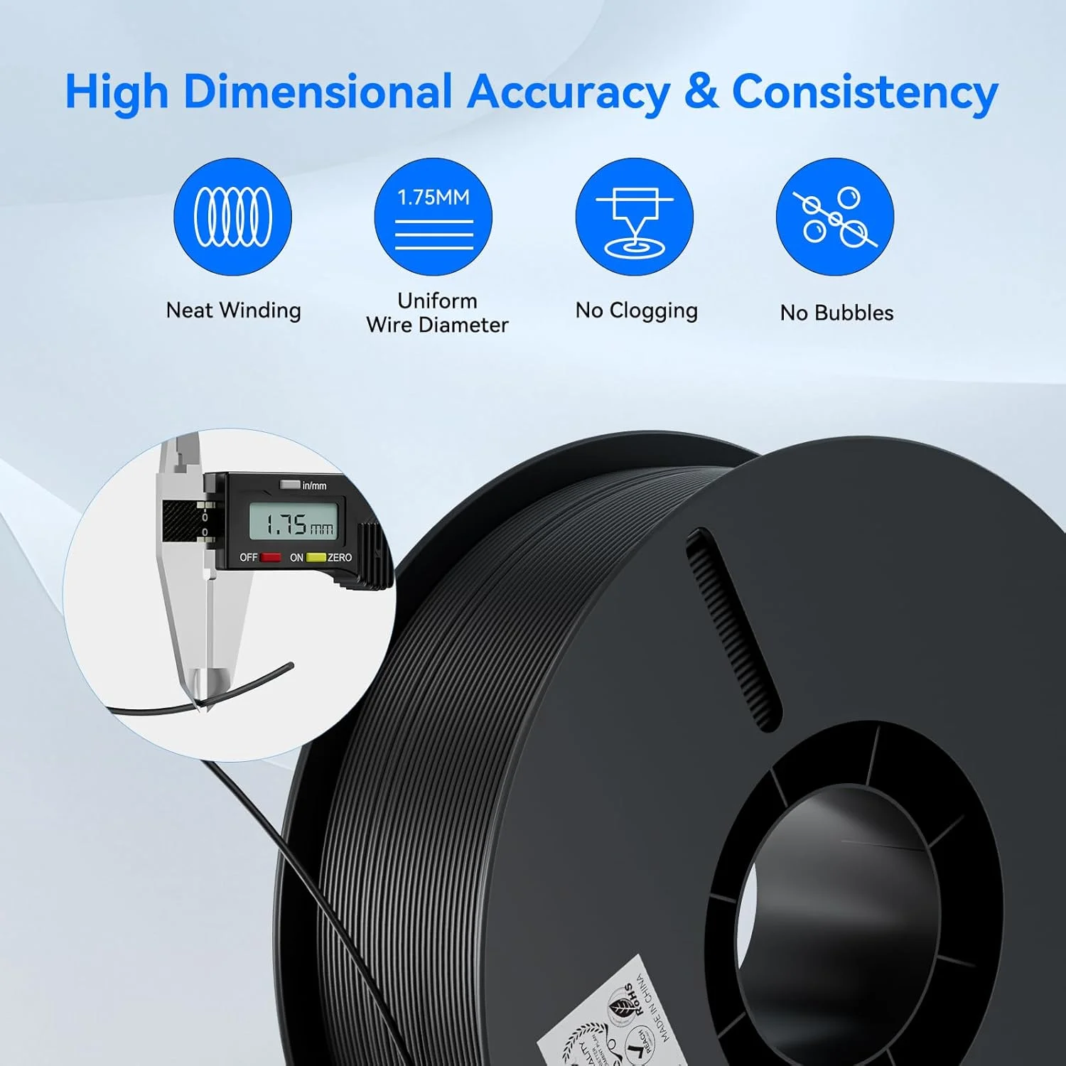 فیلامنت PLA کرالیتی 1.75mm 2kg سفید، دقت ابعادی +/- 0.02mm، قرقره فیلامنت سه بعدی، مناسب برای اکثر پرینترهای سه بعدی