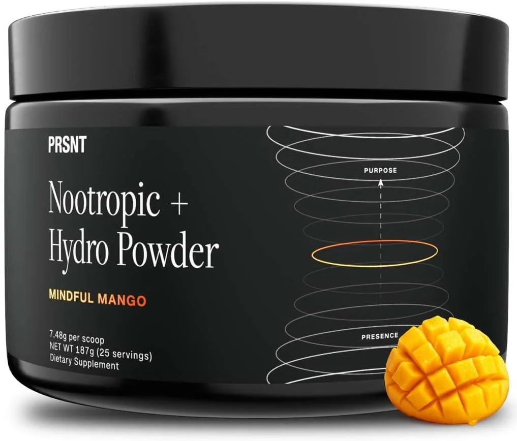 پودر افزایش تمرکز نوتراپیک PRSNT | انبه، ۲۵ سروینگ | بدون کافئین، بدون شکر | پشتیبانی از تمرکز، انرژی و وضوح ذهنی | ترکیب نوشیدنی نوتراپیک + الکترولیت برای هیدراتاسیون و تمرکز