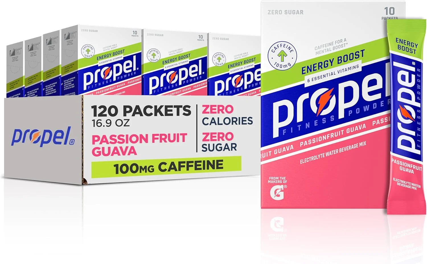 پودر انرژی زا بدون کالری Propel با الکترولیت ها و کافئین، پشن فروت گواوا، (بسته 120 عددی)