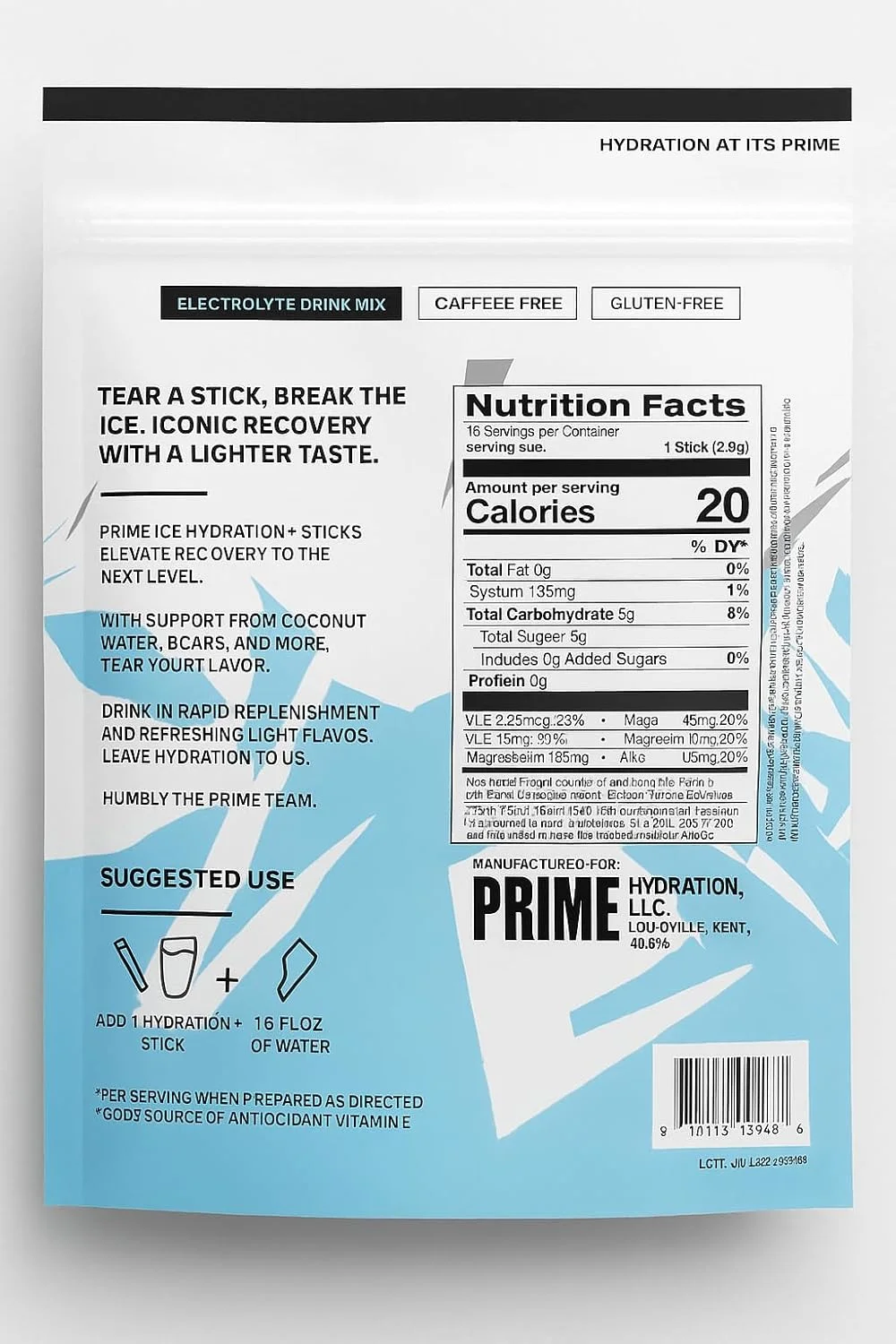 پودر هیدراتاسیون فوری PRIME، پودر الکترولیت قابل حمل، 250 میلی گرم BCAA، ویتامین های B، آنتی اکسیدان ها، کم شکر، بدون کافئین، وگان، 16 عدد