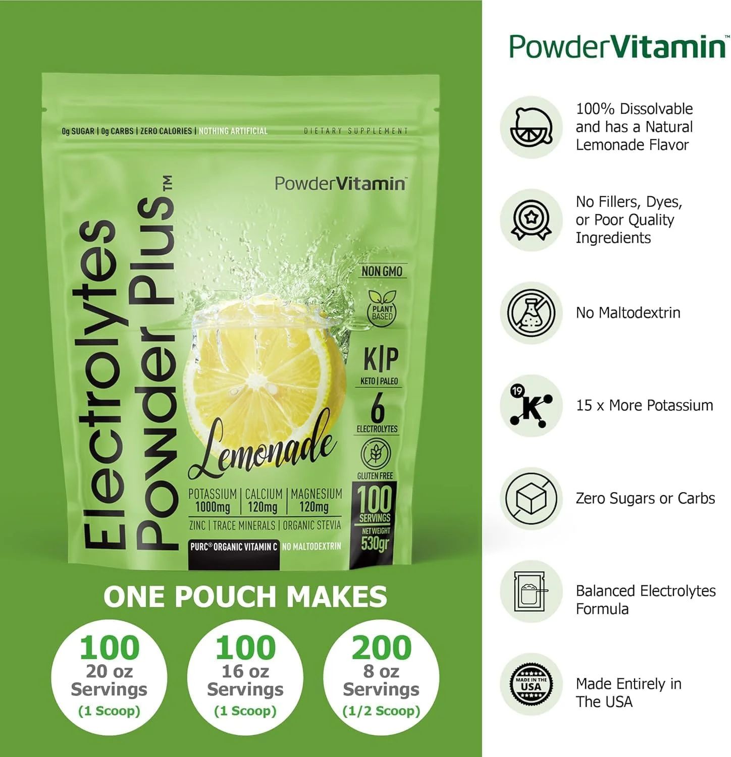 پودر الکترولیت PowderVitamin به همراه کتو، طعم لیموناد (۱۰۰ سروینگ)، بدون شکر، بدون مالتودکسترین، ۱۰۰۰ میلی گرم پتاسیم، ۱۲۰ میلی گرم کلسیم، ۱۲۰ میلی گرم منیزیم، ویتامین C ارگانیک، بدون کالری، پودر آبرسان انرژی زا