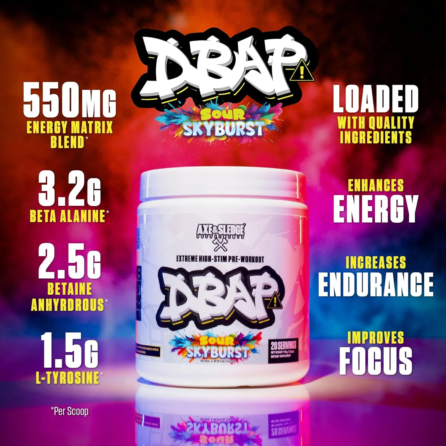 پودر مکمل قبل از تمرین انرژیزای قوی DBAP | ۴۰۰ میلیگرم کافئین | بتا آلانین، بتائین انهیدروس، الکترولیتها و تمرکز | مکمل قبل از تمرین محرک قوی | ۲۰ سروینگ، Sour Skyburst پودر مکمل قبل از تمرین انرژیزای قوی DBAP | ۴۰۰ میلیگرم کافئین | بتا آلانین، بتائین انهیدروس، الکترولیتها و تمرکز | مکمل قبل از تمرین محرک قوی | ۲۰ سروینگ، Sour Skyburst