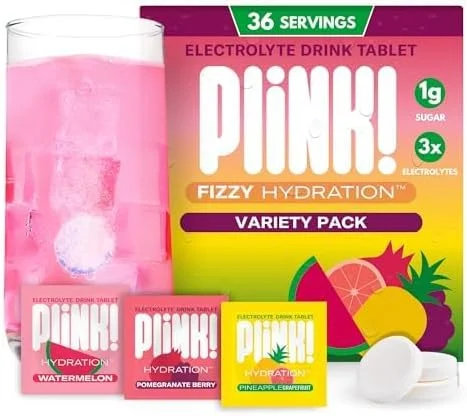 قرص های نوشیدنی الکترولیت گازدار Plink! برای آبرسانی روزانه - 36 عدد قرص الکترولیت + سدیم، پتاسیم، منیزیم، کم کالری، کم شکر، پودر الکترولیت کتو، طعم دهنده آب