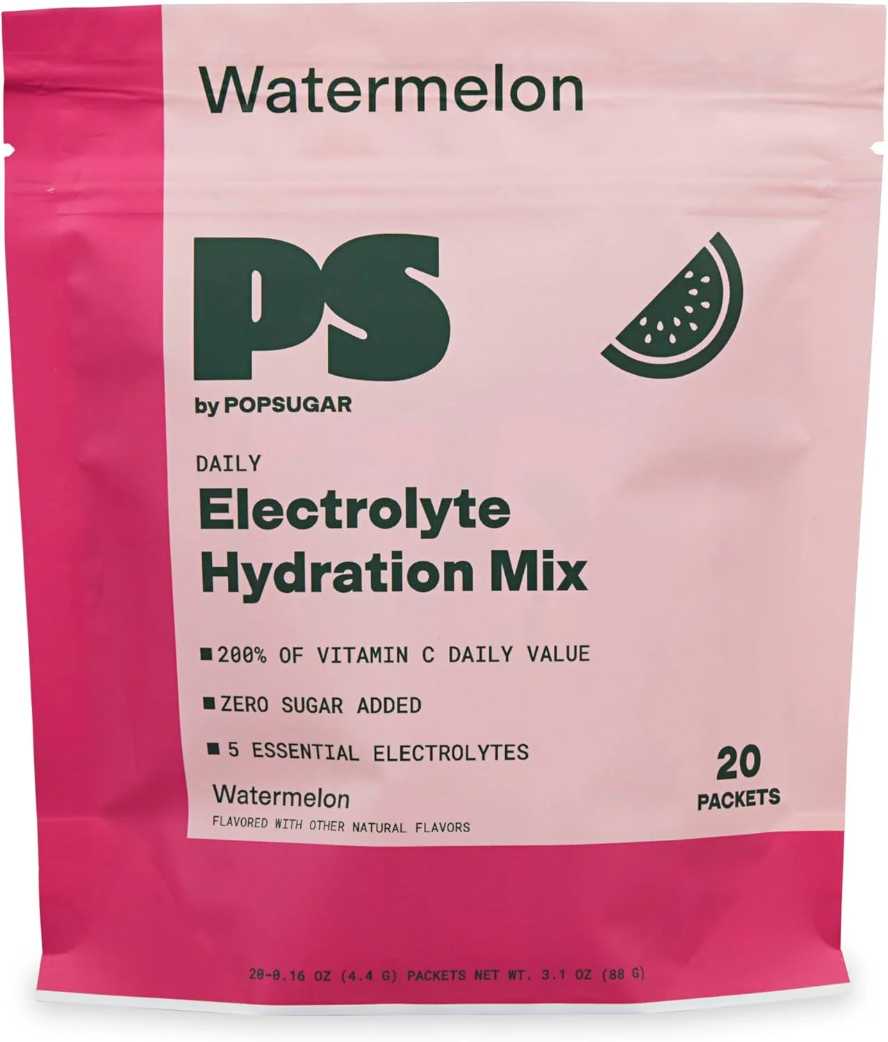 پودر مخلوط نوشیدنی آبرسان الکترولیت POPSUGAR، 20 بسته تک نفره (هندوانه)، پودر الکترولیت بدون شکر، طعم دهنده طبیعی آب، مخلوط نوشیدنی پودری غیر GMO با ویتامین C