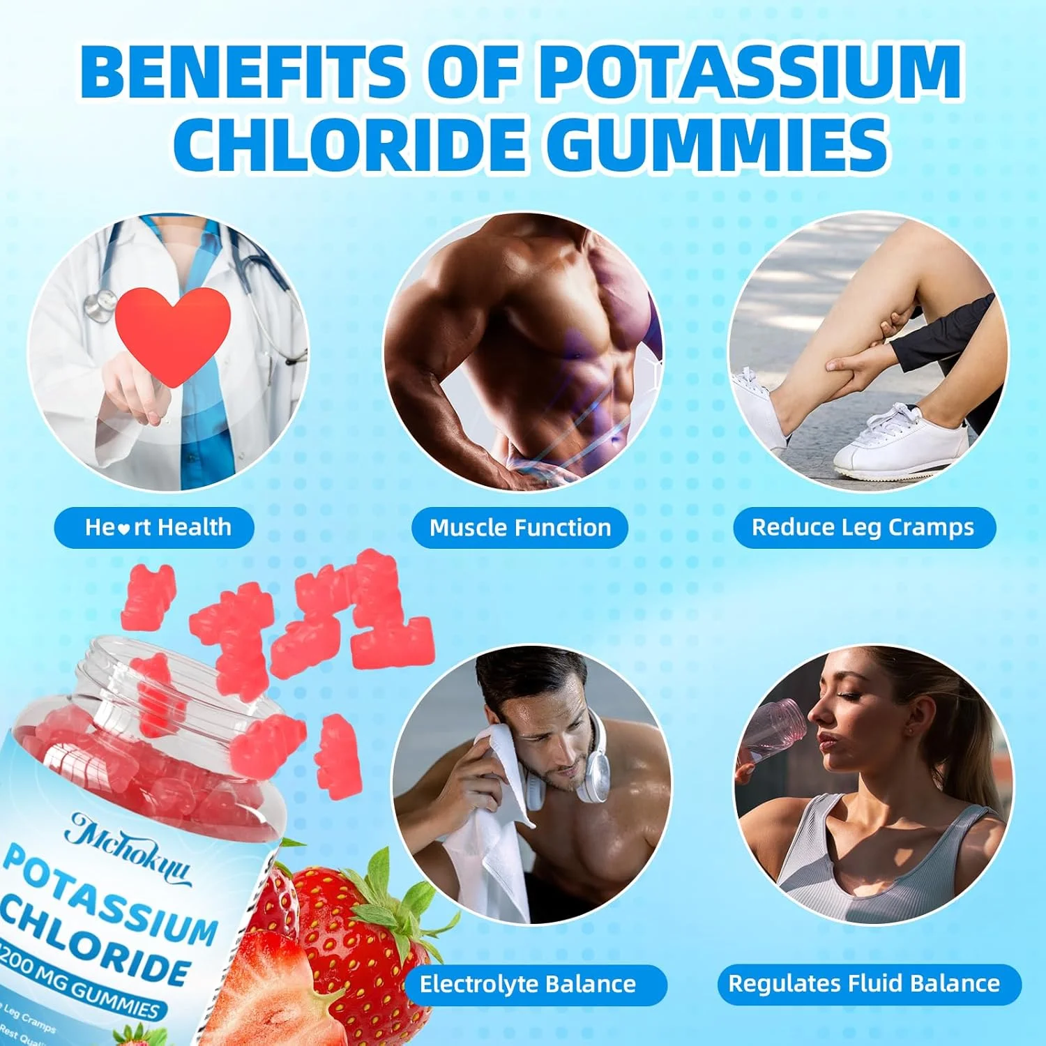 پاستیل کلرید پتاسیم 1200 میلی گرم برای بزرگسالان و کودکان، پاستیل مکمل پتاسیم بدون شکر، پشتیبانی از گرفتگی عضلات پا و تعادل الکترولیت برای زنان و مردان، طعم توت فرنگی، 120 عدد