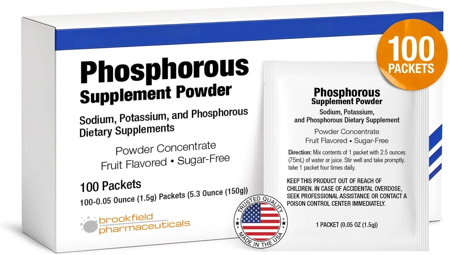 مکمل های فسفر 100 بسته، پودر مکمل های غذایی با فسفات سدیم و فسفات پتاسیم، پودر مکمل فسفر با طعم میوه برای الکترولیت، سلامت استخوان و سلامت کلیه