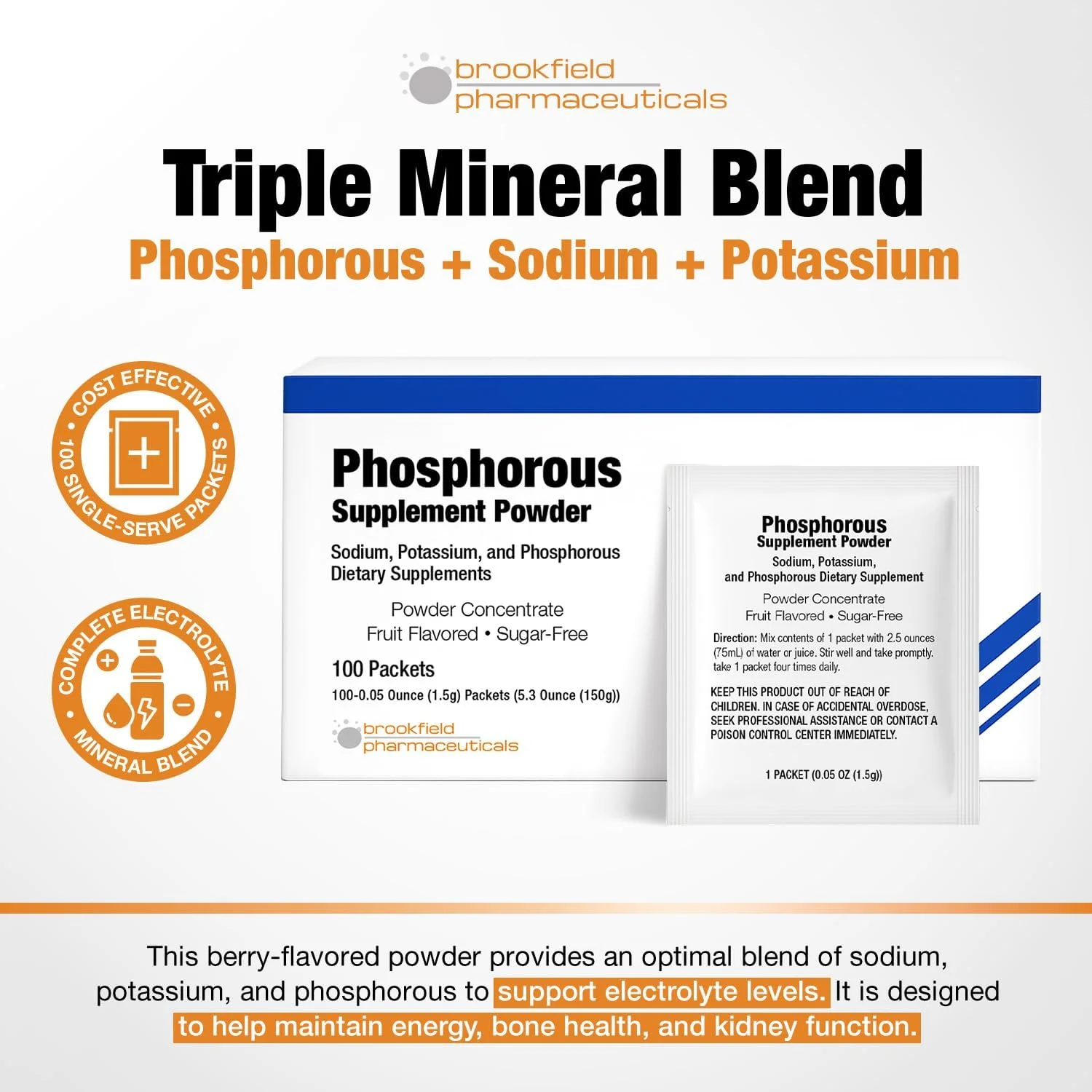 مکمل های فسفر 100 بسته، پودر مکمل های غذایی با فسفات سدیم و فسفات پتاسیم، پودر مکمل فسفر با طعم میوه برای الکترولیت، سلامت استخوان و سلامت کلیه