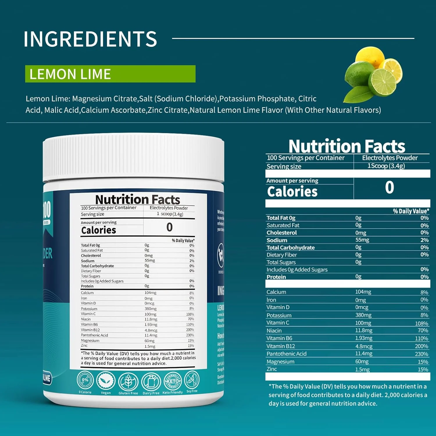 پودر الکترولیت بدون شکر، 100 سروینگ، پودر آبرسان، مکمل نوشیدنی الکترولیت با طعم لیمو، آبرسانی سریع، سدیم کم، بدون کالری