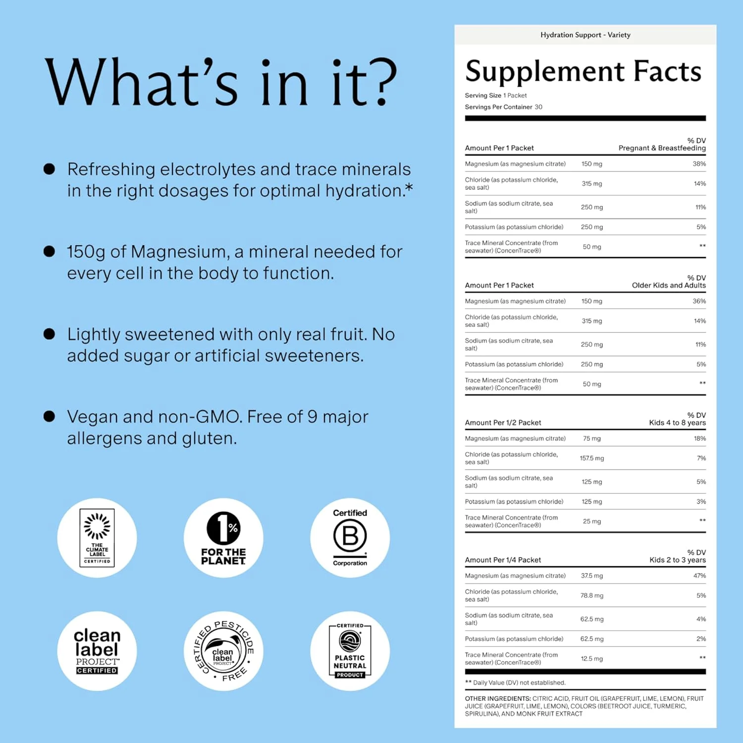 پشتیبانی هیدراتاسیون با الکترولیت ها و مواد معدنی کمیاب - الکترولیت ها برای دوران بارداری و شیردهی - 30 بسته هیدراتاسیون با شیرینی ملایم میوه های واقعی، متنوع