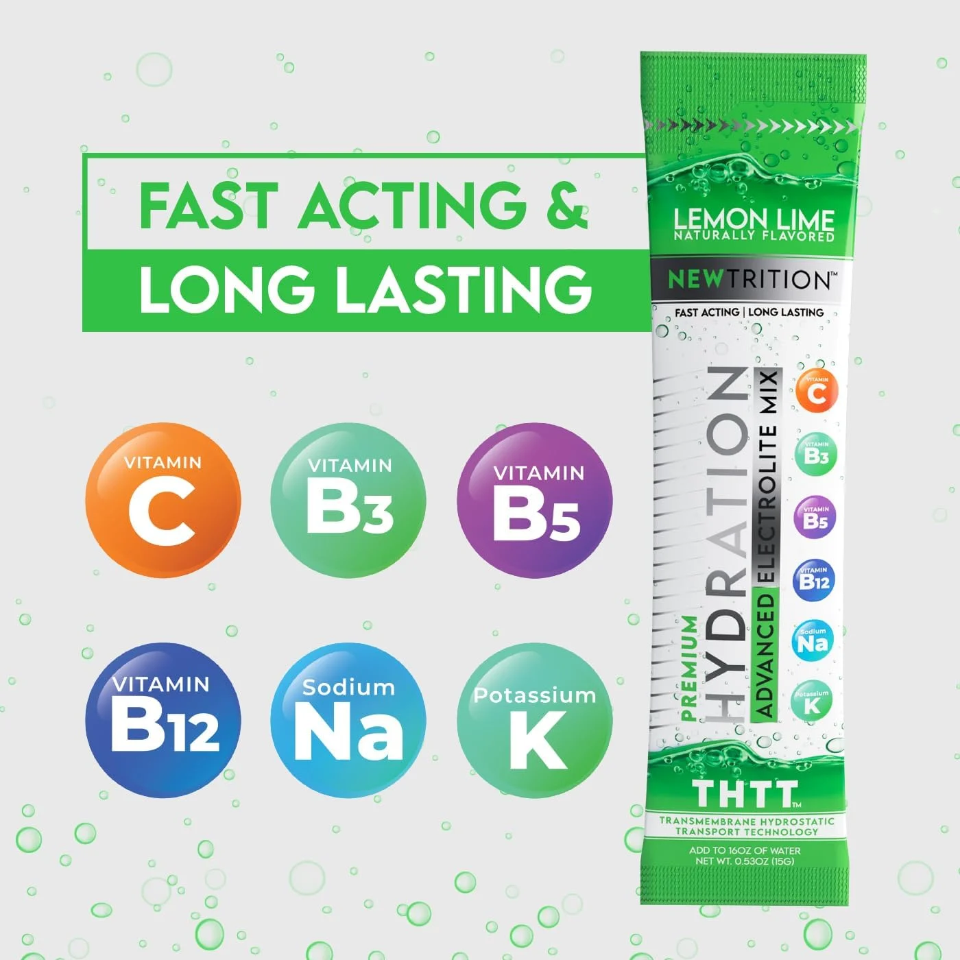 پودر هیدراتاسیون NewTrition® - بسته 48 عددی پودر الکترولیت، طعم دهنده طبیعی برای آب، الکترولیت های سریع الاثر به همراه ویتامین ها، لیمو، توت فرنگی، پرتقال، توت وحشی