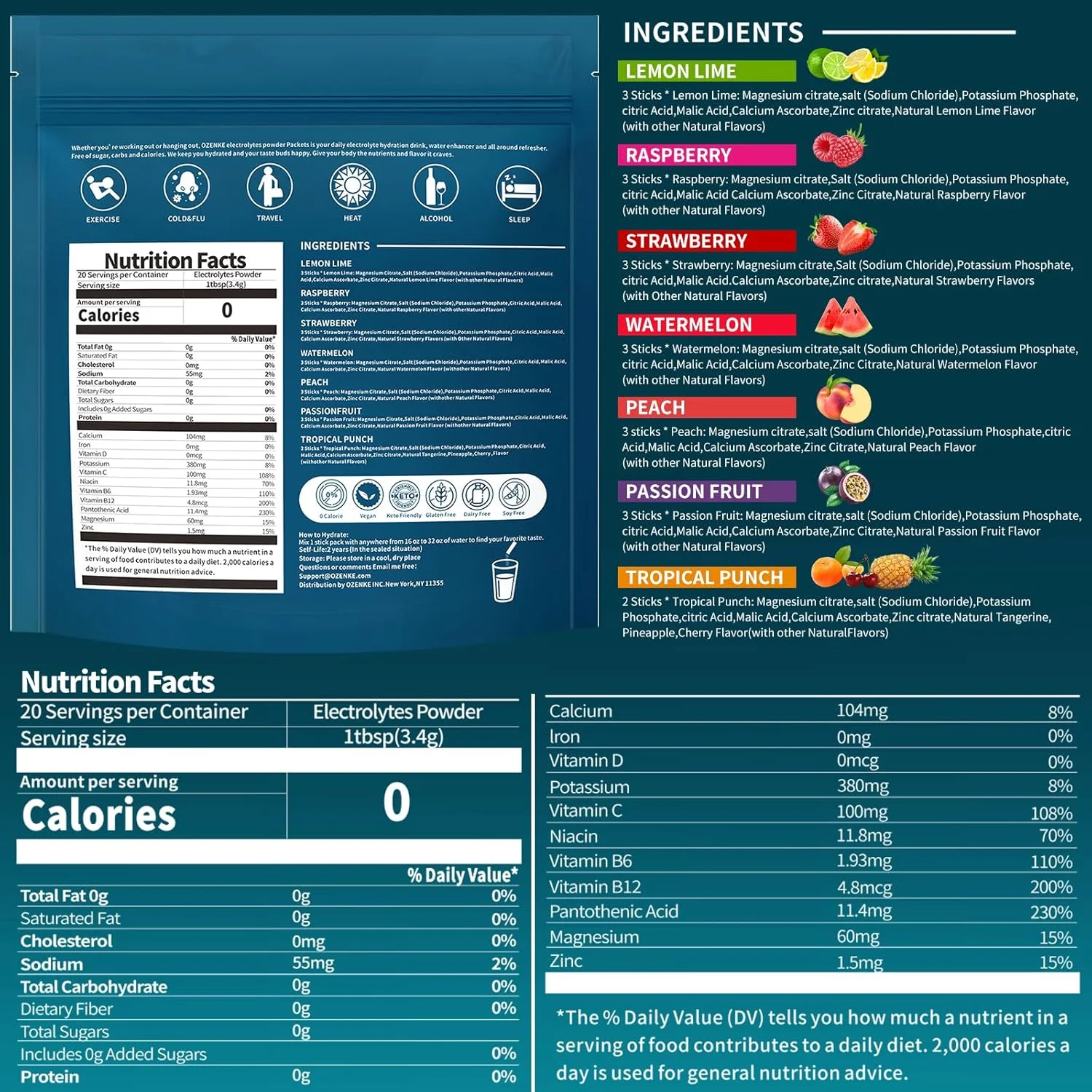 پودر الکترولیت، بسته های هیدراتاسیون، پودر الکترولیت بدون شکر، مخلوط نوشیدنی الکترولیتی قابل حمل برای هیدراتاسیون سریع، بدون شکر و کم سدیم | 0 کالری | 7 طعم | 20 عدد
