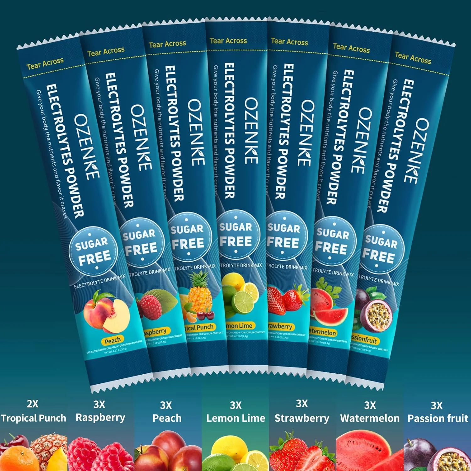 پودر الکترولیت، بسته های هیدراتاسیون، پودر الکترولیت بدون شکر، مخلوط نوشیدنی الکترولیتی قابل حمل برای هیدراتاسیون سریع، بدون شکر و کم سدیم | 0 کالری | 7 طعم | 20 عدد