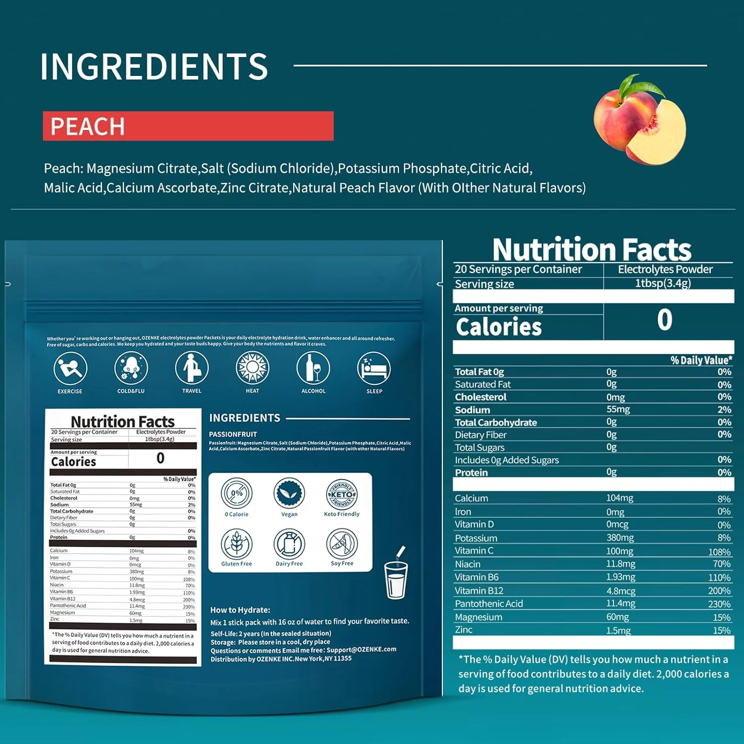 پودر الکترولیت، بسته های هیدراتاسیون، الکترولیت بدون شکر، مخلوط نوشیدنی الکترولیتی قابل حمل برای هیدراتاسیون سریع، بدون شکر و کم سدیم | 0 کالری | طعم هلو | 20 عدد