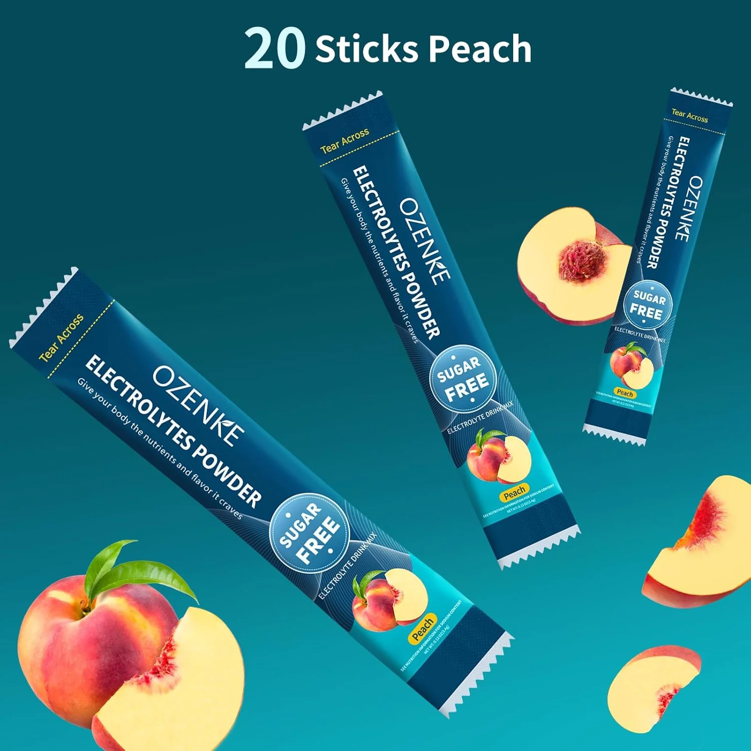 پودر الکترولیت، بسته های هیدراتاسیون، الکترولیت بدون شکر، مخلوط نوشیدنی الکترولیتی قابل حمل برای هیدراتاسیون سریع، بدون شکر و کم سدیم | 0 کالری | طعم هلو | 20 عدد