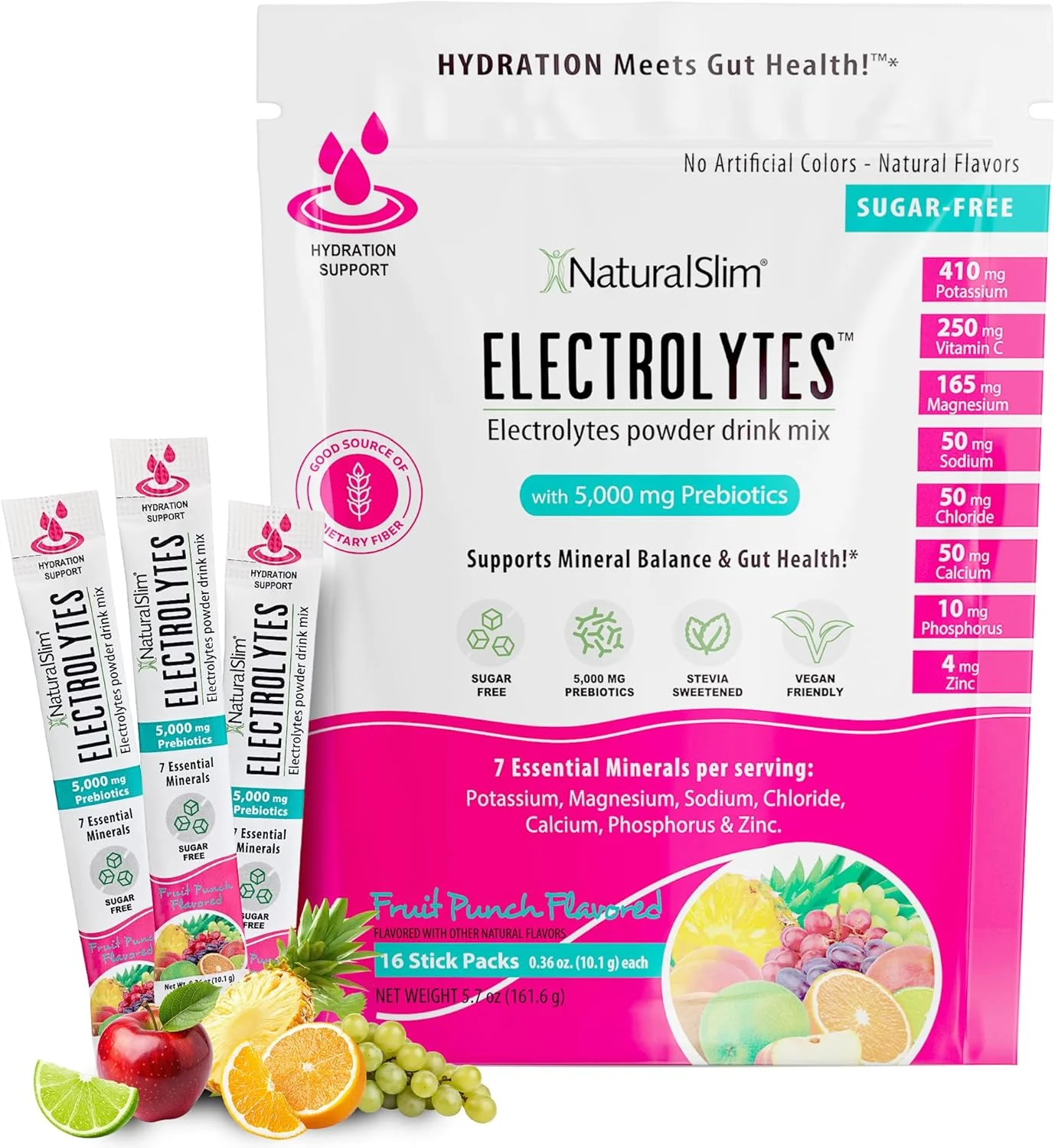 مخلوط نوشیدنی آبرسان و انرژی زا با پری بیوتیک، پشتیبانی از سلامت روده، پودر الکترولیت، بدون شکر، 16 بسته چوبی، با طعم پانچ میوه