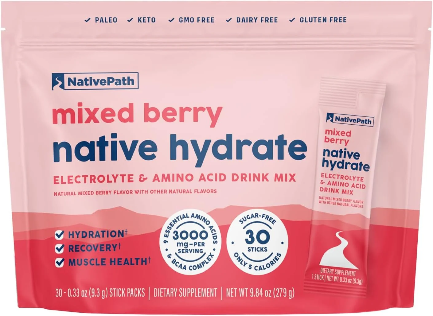 پودر الکترولیت بدون شکر NativePath Native Hydrate، حاوی آمینو اسیدهای شاخه‌دار (BCAA)، طعم توت مخلوط، مناسب برای رژیم کتو و پالئو، 30 سروینگ