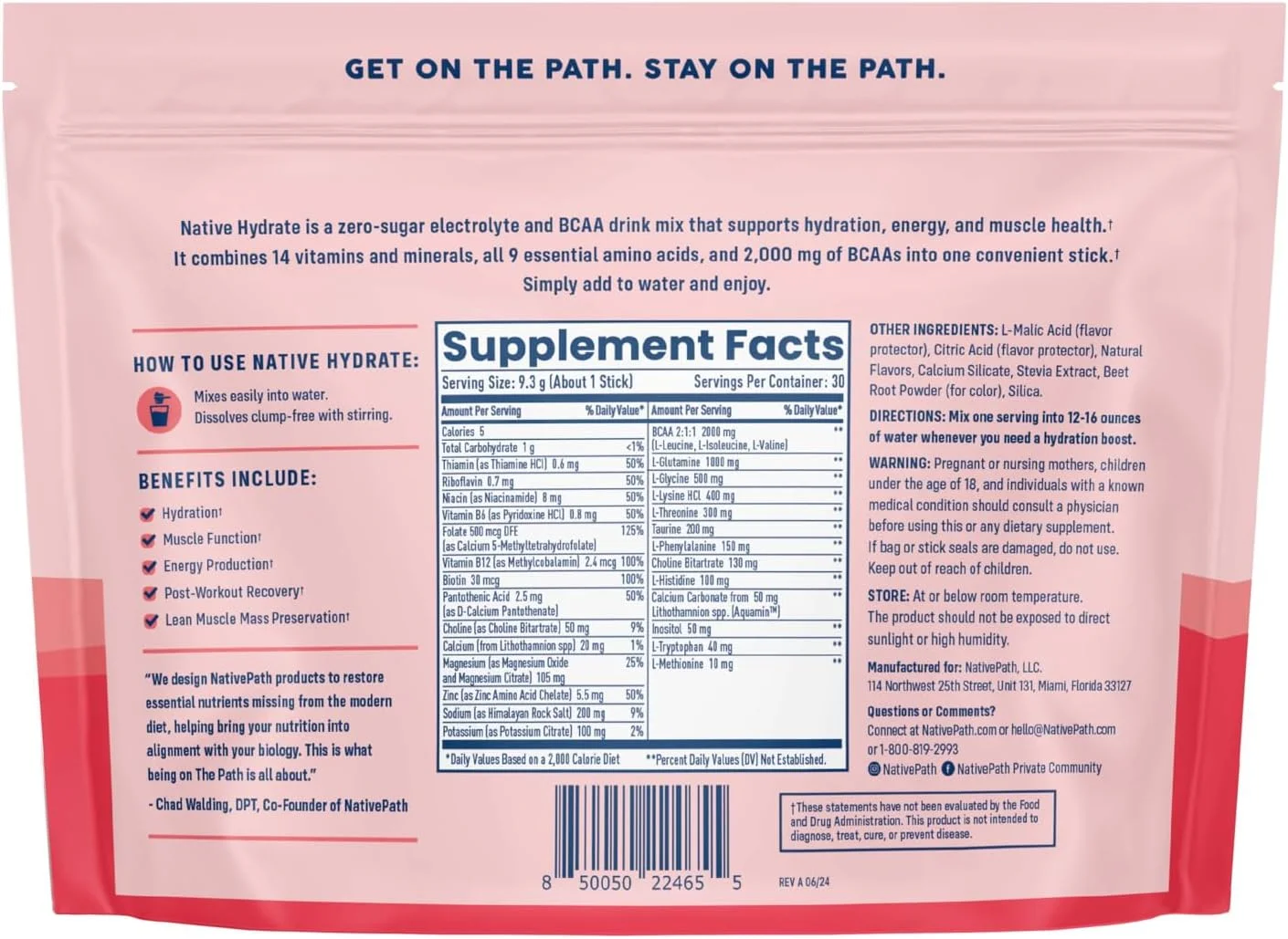 پودر الکترولیت بدون شکر NativePath Native Hydrate، حاوی آمینو اسیدهای شاخه‌دار (BCAA)، طعم توت مخلوط، مناسب برای رژیم کتو و پالئو، 30 سروینگ