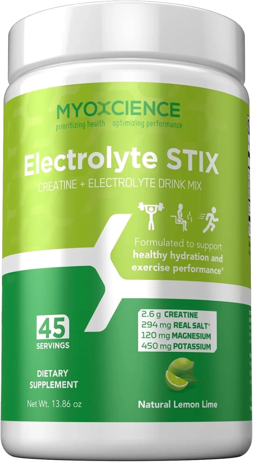پودر الکترولیت MYOXCIENCE STIX | پودر الکترولیت کراتین | ریکاوری بعد از ورزش و رشد عضلات با نمک واقعی (طعم لیمو) (جار 45 عددی)