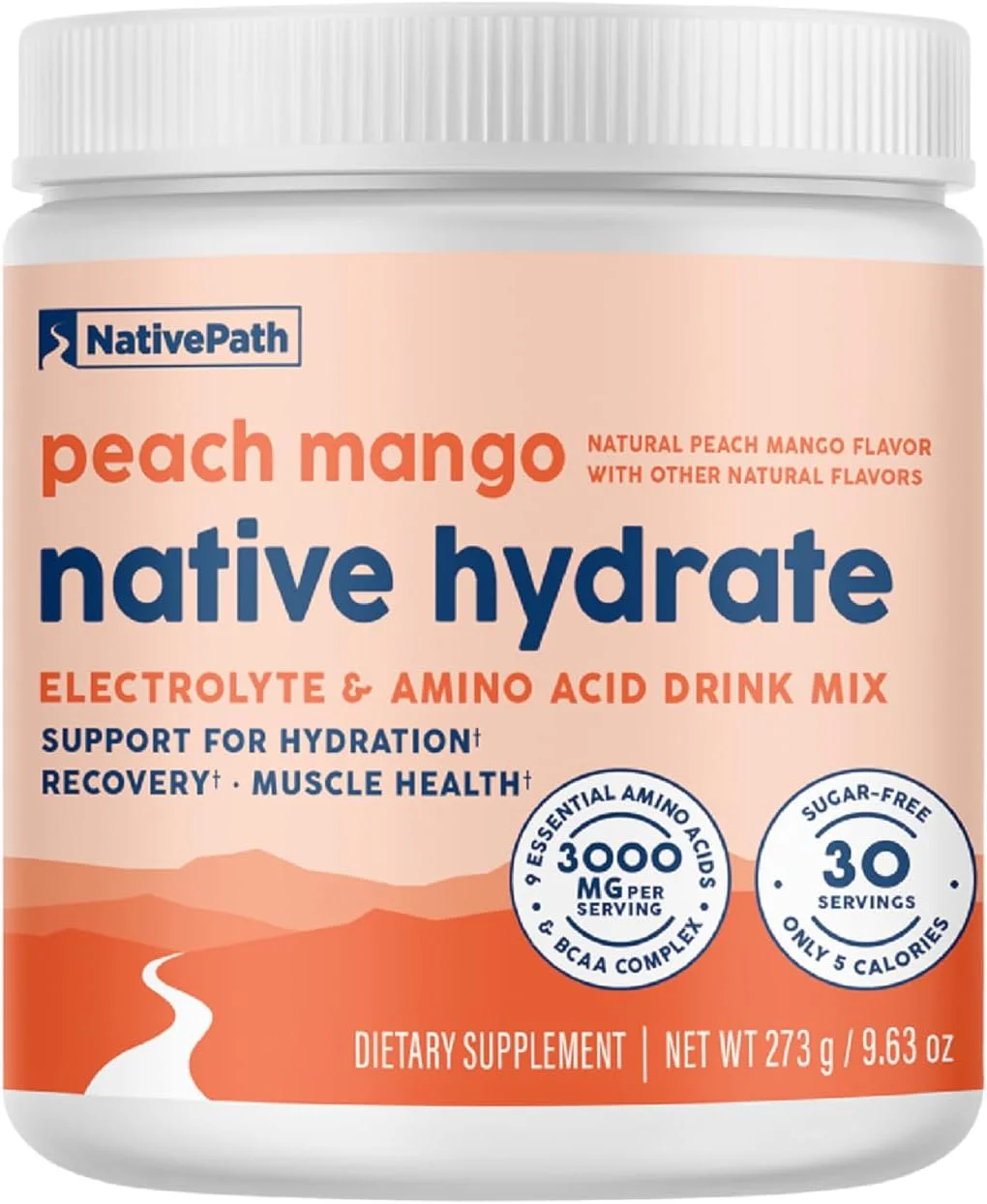 نوشیدنی الکترولیتی بدون شکر NativePath Native Hydrate با آمینو اسیدهای شاخه‌دار (BCAA)، طعم هلو و انبه، مناسب برای رژیم کتو و پالئو، 30 سروینگ