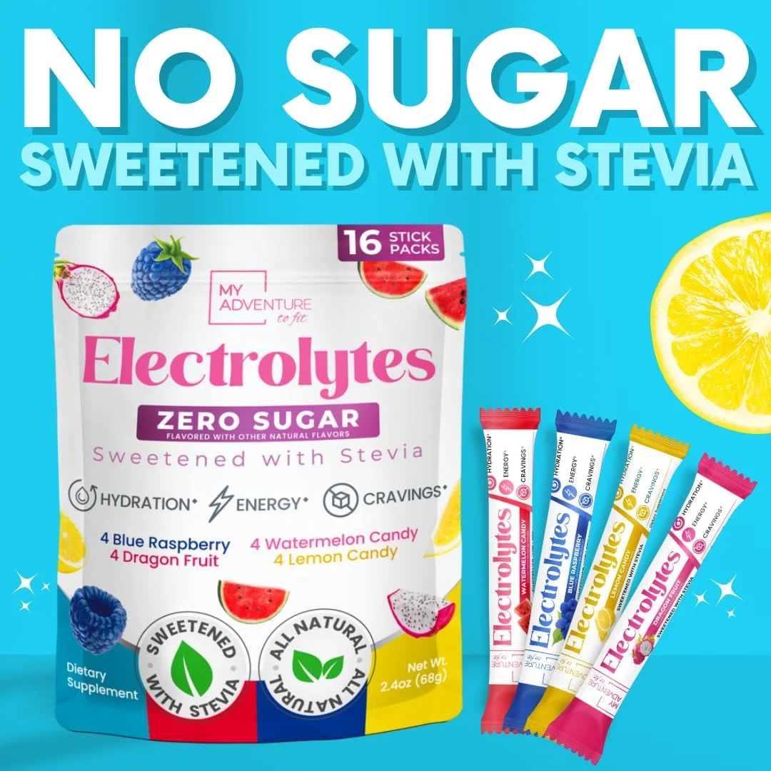 پودر الکترولیت ماجراجویی من برای تناسب اندام - 16 بسته آبرسان بدون شکر، مکمل پتاسیم، طعم هندوانه، تمشک آبی، کرم موز، آبنبات ترش آبی - بدون شکر، الکترولیت های کتو