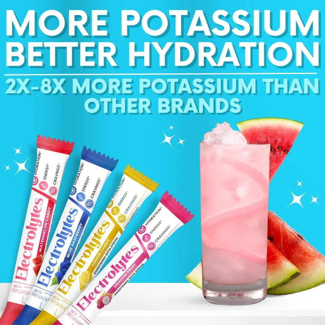 پودر الکترولیت ماجراجویی من برای تناسب اندام - 16 بسته آبرسان بدون شکر، مکمل پتاسیم، طعم هندوانه، تمشک آبی، کرم موز، آبنبات ترش آبی - بدون شکر، الکترولیت های کتو