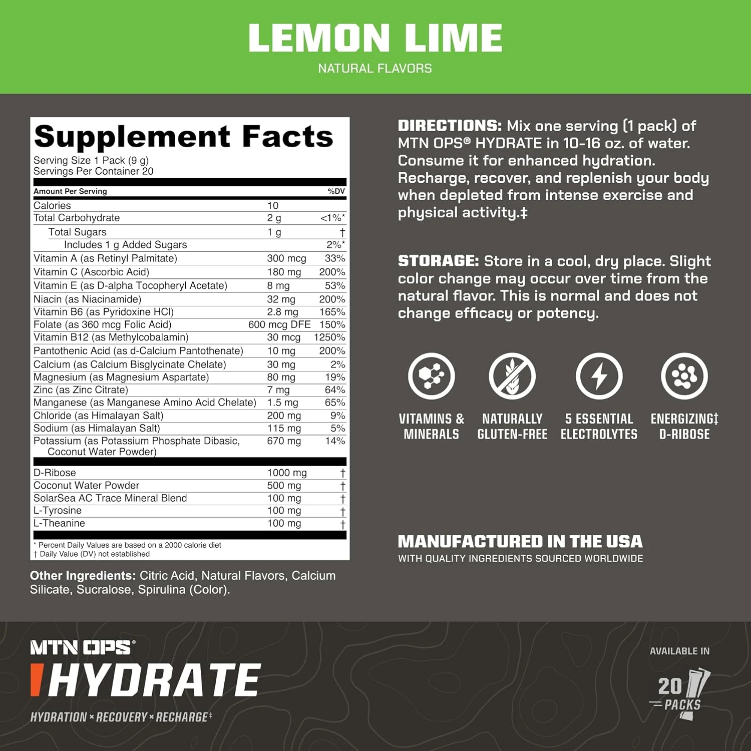 پودر نوشیدنی الکترولیت آبرسان MTN OPS، 20 بسته تک نفره الکترولیت برای مصرف در حال حرکت با بیش از 1000 میلی گرم الکترولیت در هر وعده، لیمو ترش