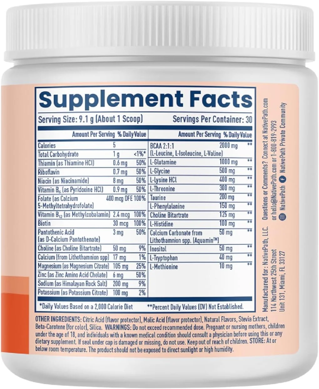 نوشیدنی الکترولیتی بدون شکر NativePath Native Hydrate با آمینو اسیدهای شاخه‌دار (BCAA)، طعم هلو و انبه، مناسب برای رژیم کتو و پالئو، 30 سروینگ