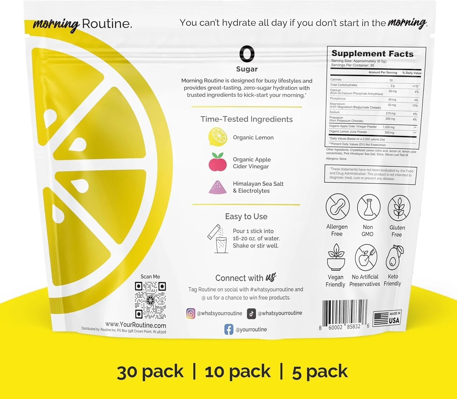 آبرسانی روزانه صبحگاهی | پودر الکترولیت حاوی سرکه سیب، لیمو و نمک دریا | مخلوط نوشیدنی الکترولیتی مناسب برای کتو و پالئو (30 بسته)