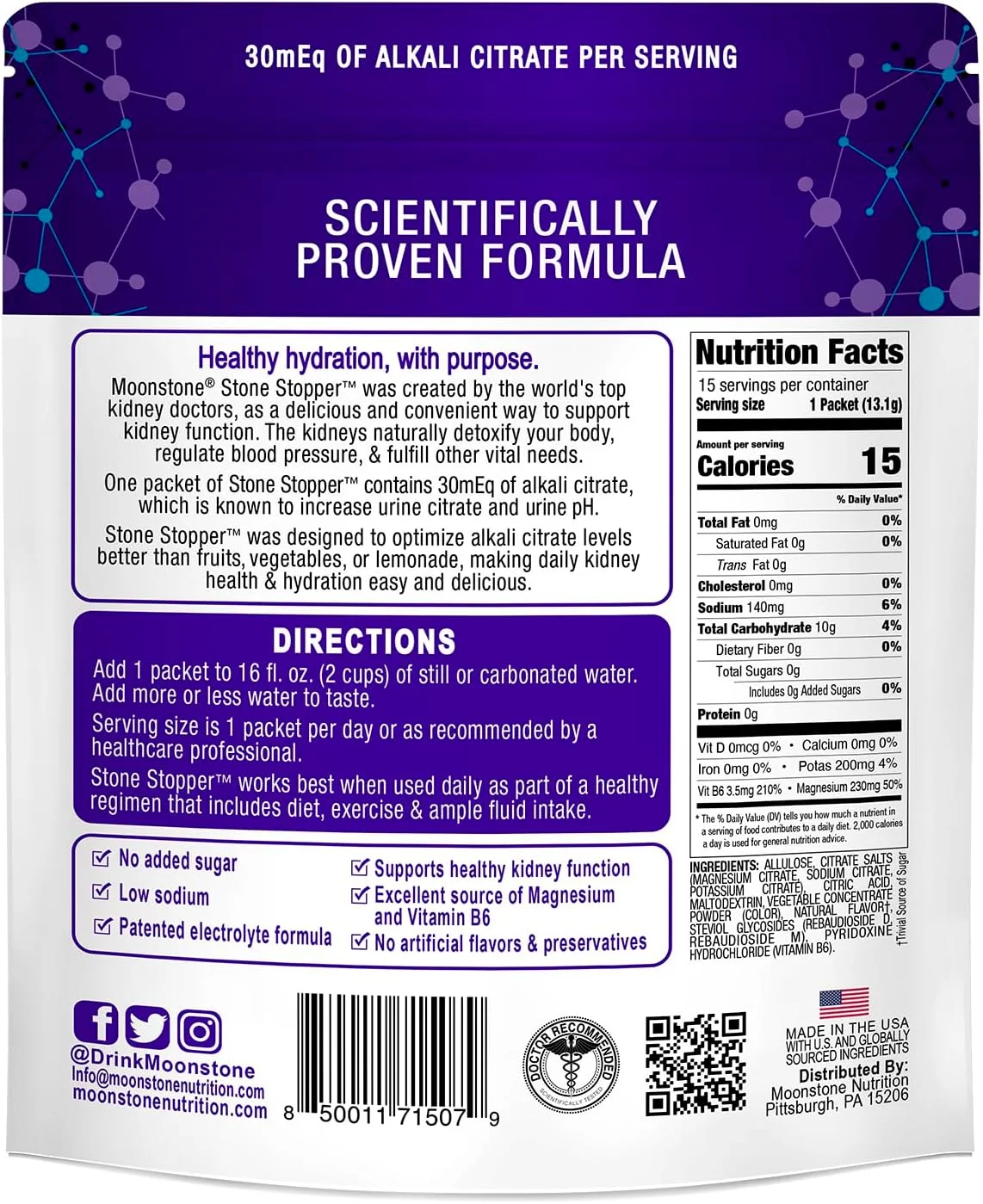 مخلوط نوشیدنی مون استون استاپر، کرن‌بری رسپبری، محافظ اگزالات کلسیم، توسعه یافته توسط متخصصان اورولوژی برای بهبود هیدراتاسیون و حمایت از سلامت کلیه، بسته 15 روزه