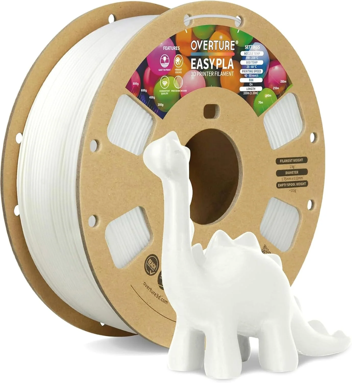 فیلامنت پرینتر سه بعدی PLA آسان OVERTURE، قطر 1.75 میلی متر، قرقره مقوایی 1 کیلوگرمی (2.2 پوند)، دقت ابعادی +/- 0.03 میلی متر، مناسب برای اکثر پرینترهای FDM (سفید آسان)
