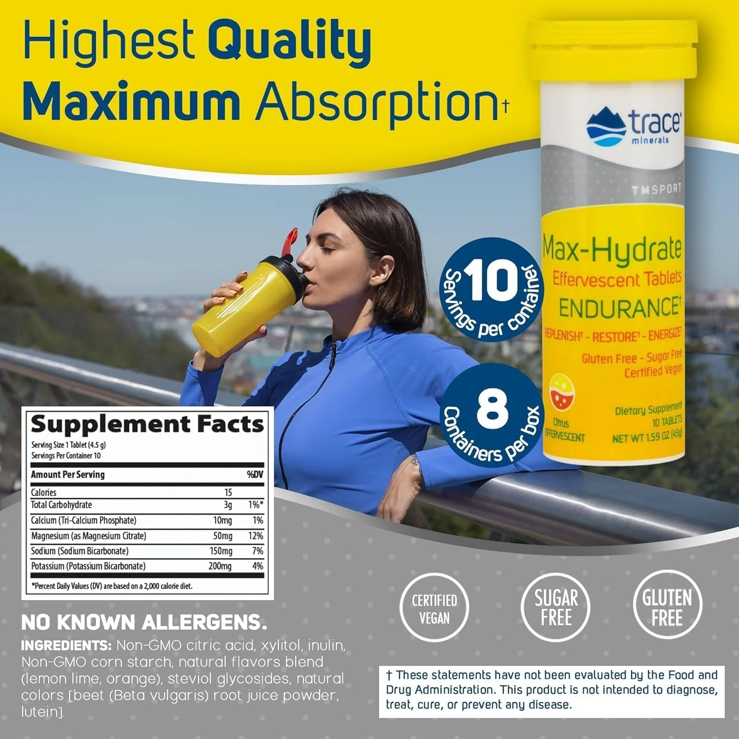 مکمل پشتیبانی انرژی روزانه تریس مینرالز مکس-هیدرات اندورنس - مکمل الکترولیت برای کمک به گرفتگی عضلات - مکمل برای پشتیبانی از هیدراتاسیون - مرکبات، 10 قرص (80 سروینگ)