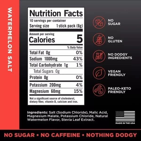 نوشیدنی الکترولیتی بدون قند LMNTS برای ورزش - طعم هندوانه و نمک، 60 گرم (10 عدد)