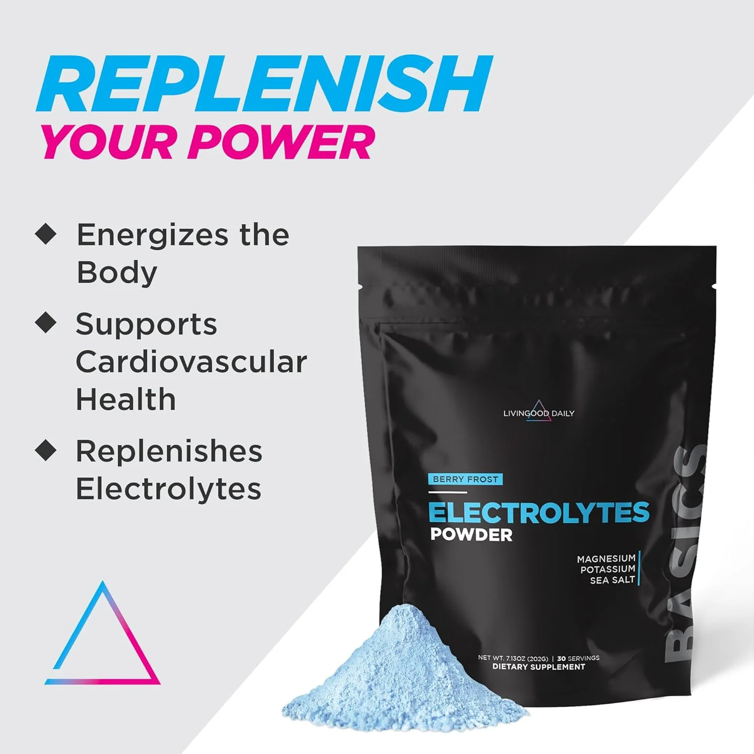 پودر الکترولیت روزانه Livingood، نوشیدنی مخلوط آبرسان الکترولیت با ویتامین C، منیزیم، تورین و نمک دریا، مکمل الکترولیت برای انرژی و آبرسانی، کتو، طعم بری فراست، 30 سروینگ