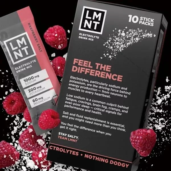 نوشیدنی ورزشی الکترولیت بدون قند LMNTs - طعم تمشک نمکی - 6 بسته 10 عددی (مجموعا 60 عدد)