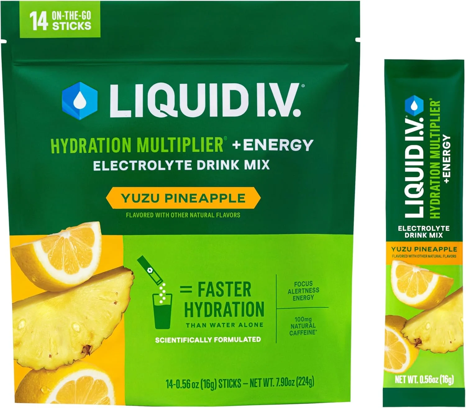 مخلوط نوشیدنی پودری الکترولیت Liquid I.V.® Hydration Multiplier +Energy - طعم آناناس یوزو | 1 بسته (14 سروینگ)