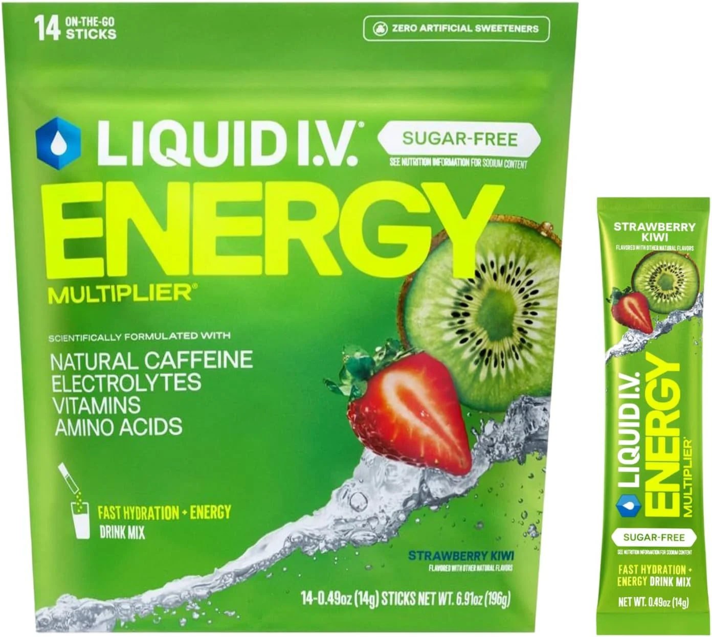مخلوط نوشیدنی پودری الکترولیت Liquid I.V.® Hydration Multiplier بدون شکر + انرژی - توت فرنگی کیوی | 1 بسته (14 سروینگ)