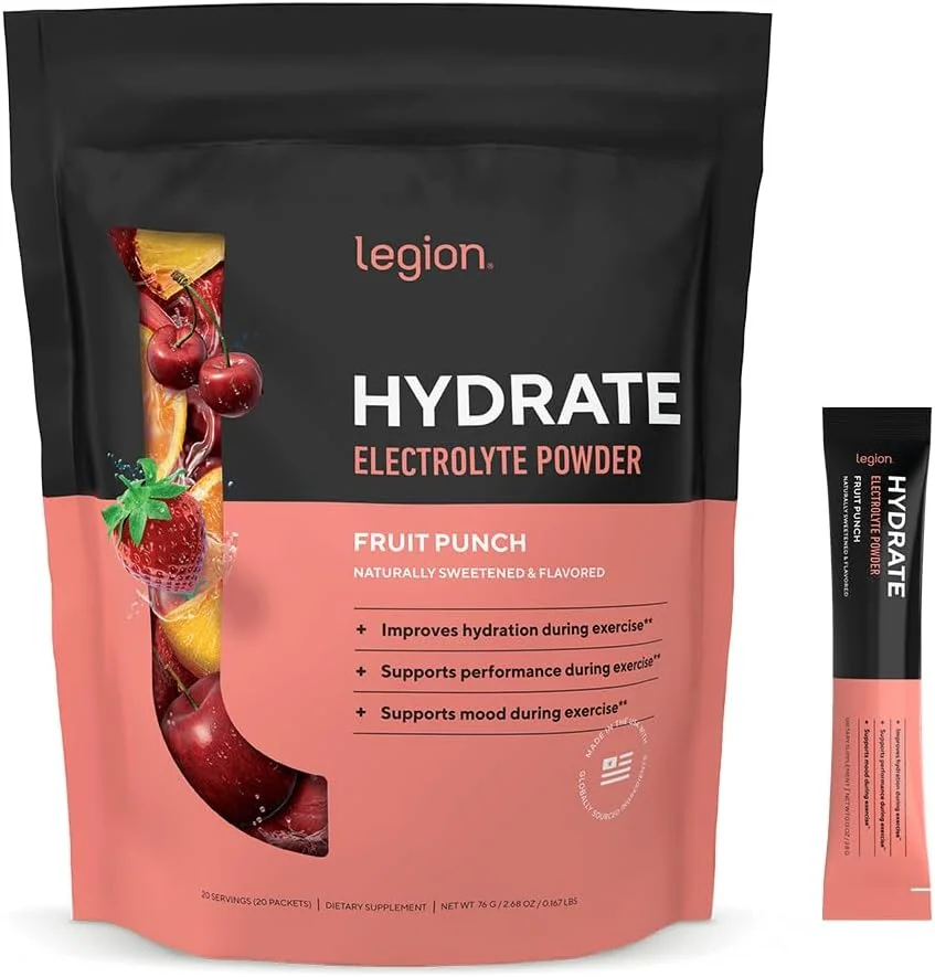 پودر الکترولیت LEGION Hydrate حاوی سدیم، پتاسیم و منیزیم - ترکیب آبرسان بدون شکر برای انرژی و ریکاوری (20 سروینگ، پانچ میوه)