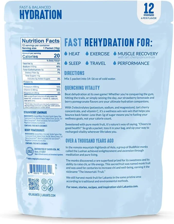 مخلوط نوشیدنی الکترولیت Lakanto Hydration Pack - آبرسانی در حرکت، احیا کننده، بسته های نوشیدنی تغذیه ورزشی، عملکرد، ریکاوری - بسته متنوع (2 طعم - 12 عدد)